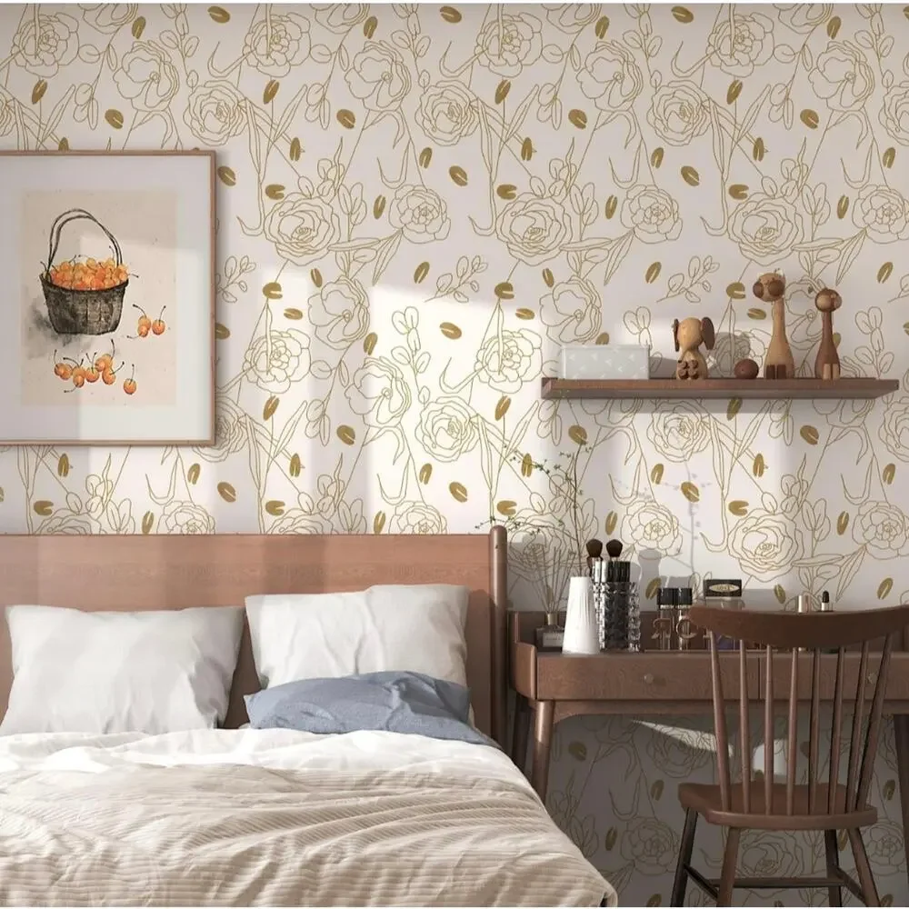 Floral Boho Peel Wallpaper Gold 17.3''×118'' Leaf Removable Vinyl Roll s30 b1